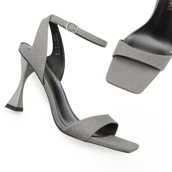 Square Toe Ankle Strap Stiletto Sandals  - SILVER GRAY - 4